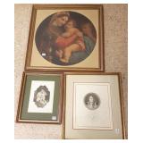 3 antique, tec. framed items including litho &