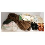 Group of linens, fur coat & shoes