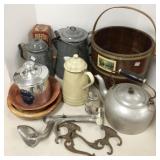 Group - wood bucket, granite ware, advertising