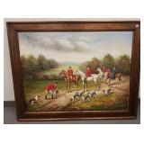 Framed fox hunt oil on canvas - 45"x 55" overall