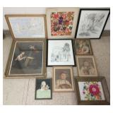Group framed items + unframed parrish print