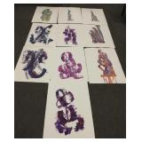10 unframed original Larry Volk artworks - some