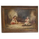 Framed signed oil on canvas - 2 children with dog