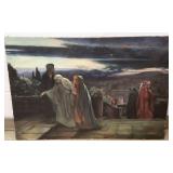 Unframed antique oil on canvas - mourning scene -