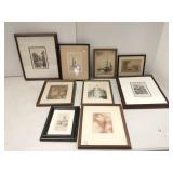 8 framed etchings, etc.-some signed - 5" x 7"