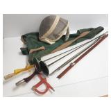 2 fencing foils, helmet, bullfighter style sword