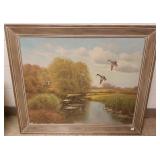 Framed signed oil on board - mallards - 28" x 34"