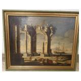 Framed antique oil on canvas- ruins in harbor -