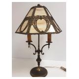 2 light antique brass lamp with 14" slag glass