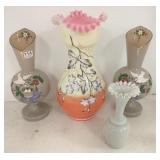 3 pieces hand painted Bristol vases including pair
