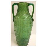 Iridescent Loetz type blown glass handled vase -