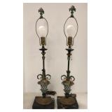 Pair of French metal floral lamps on marble base -