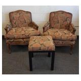 Pair French style upholstered armchairs & non-