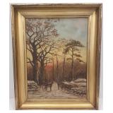 Framed oil on board - deer on forest trail - 24" x
