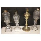 4 antique whale oil lamps including brass -11"h