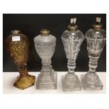 4 antique whale oil lamps including amber glass -
