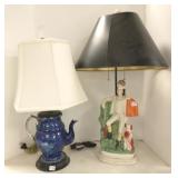 Staffordshire figural 29" lamp & blue teapot lamp