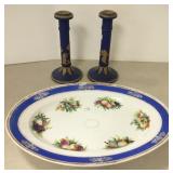 Old Paris style platter & pair of cobalt Dudson