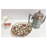 Antique metal fitted teapot, Goofus glass bowl &