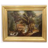 Framed oil on canvas - bridge house path - 24" x