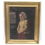 Antique oil on canvas of young woman in gilt frame