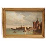 Framed oil on board waterside village 14 3/4" x