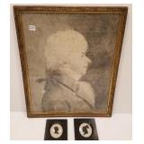 3 framed items- 2 silhouettes & profile portrait