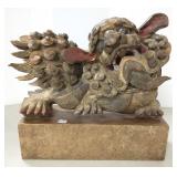 Carved polychrome foo lion (some wood chips) 18"
