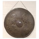 Antique peacock motif oriental iron gong 30" dia.