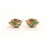 14K gold earrings set with emeralds & diamonds -
