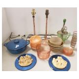 Group incl. Depression glass lamps, beater jar,