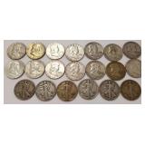 20 U.S. silver half dollars- Franklin & Walking