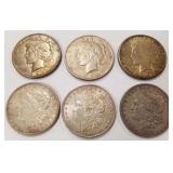6 U.S. silver dollars- Morgan & Peace