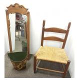 Rush seat chair, mirror 15" x 37" & wastebasket
