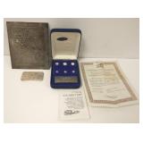 Sterling 1 oz. bar, Rockwell plaque, mini coin set