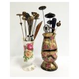 Group of antique hatpins in china hat pin holders