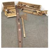 Broad ax, planes, saws, chisels in tool boxes, etc