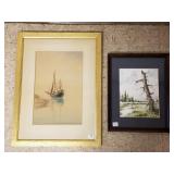 2 framed watercolors - signed T. Galter sailboat