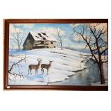 Framed oil on board - whitetail deer in winter -