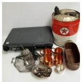 Texaco can, Coleman stove, copper items, etc.