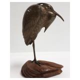 Bronze heron sculpture on carved wood base 7" high