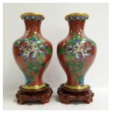 2 matching Cloisonne vases on wood base - 8" high