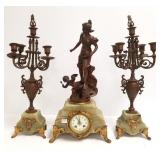 Antique figural metal & onyx clock with
