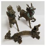 3 brass/bronze Oriental mythical figures - dragon,