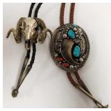 2 unique sterling bolo ties - ram skull &