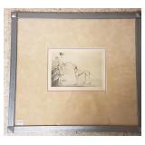 Framed signed Degouy etching - Lady with Greyhound