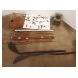 Group fishing items incl. 2 split bamboo rods,
