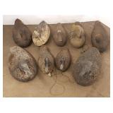 9 assorted wood & cork, etc. decoys (some as