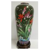 12" cloisonne vase on carved wood base