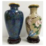 2 cloisonne vases on carved wood bases - 8" each